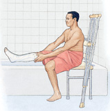 Man with crutches, sitting next to bathtub, putting plastic over his cast.