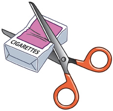 Scissors cutting through a pack of cigarettes.