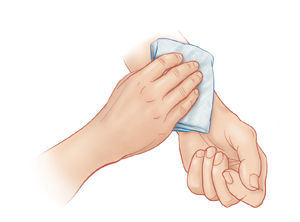 A person holding an ice pack or cold towel on the bug bite.
