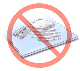 Ilustración de cocaína y una hoja de afeitar atravesadas por un símbolo de prohibido