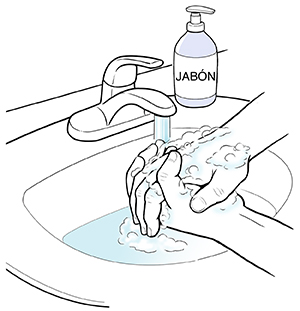 Manos que se lavan con jabón en el lavabo.