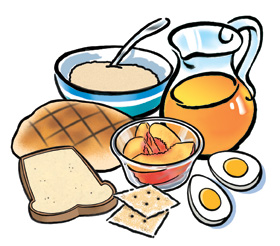 Illustration of bland diet foods: bread, cereal, juice, peaches, eggs, and crackers.