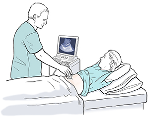 Health care provider doing ultrasound exam on woman.