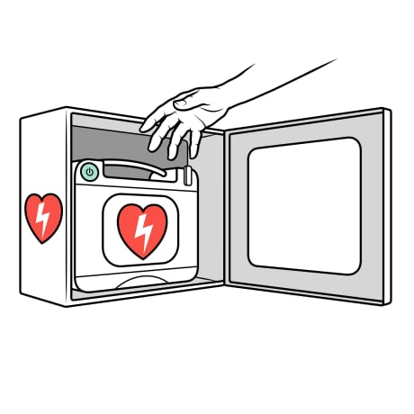 Hand reaching for AED in open cabinet.