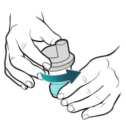 Hand twisting top of medicine cup to close it, with other hand holding bottom of cup.