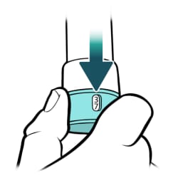 Arrow pointing to dose count shown in window at bottom of inhaler.