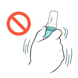Person shaking inhaler, with prohibition symbol to show "Do not shake."