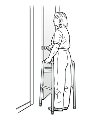 Female with walker pulling door open.