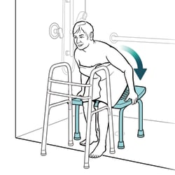 Person holding onto chair with both hands and arrow indicating person should sit down in center of chair.