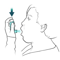 Person holding inhaler away from mouth, pressing top of inhaler to spray medicine.