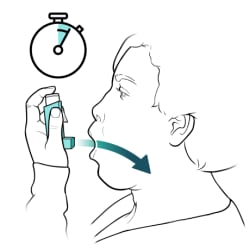 Person holding inhaler away from mouth while inhaling medicine, with clock showing time passing.
