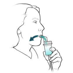 Person holding medicine cup, with lips closed on mouthpiece, inhaling medicine through mouthpiece.