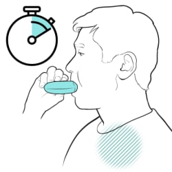 Person holding inhaler to their mouth, with clock showing time passing.